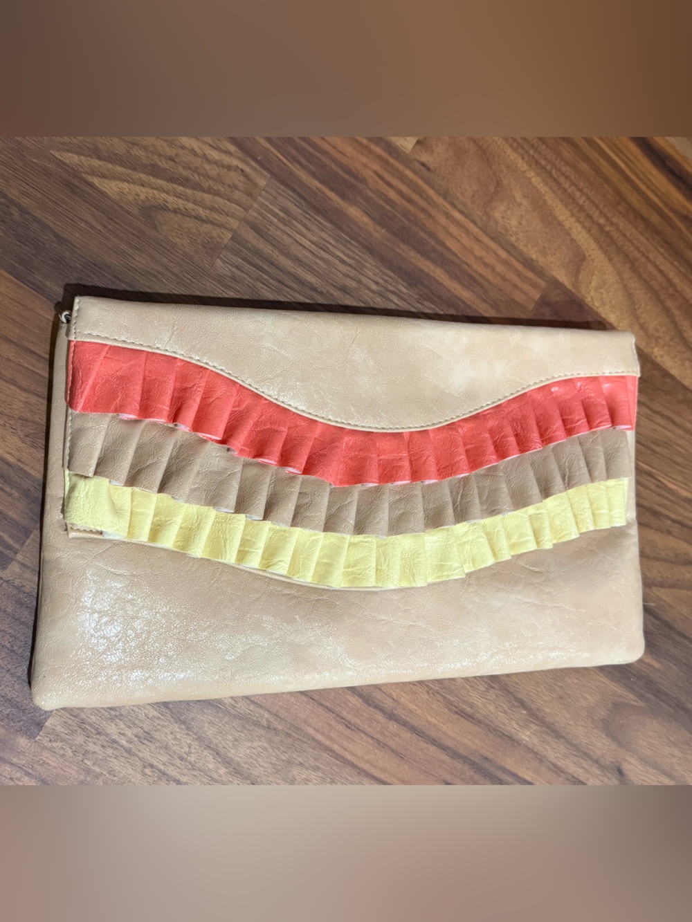Vintage Beige Leatherette Clutch with Coral, Tan & Yellow Ruffle Accent